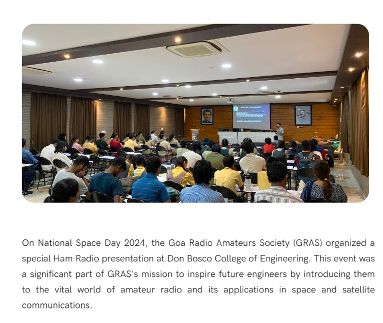 Goa Radio Amateur’s Society Hosts Special HAM RADIO PRESENTATION AT DON BOSCO COLLEGE OF ENGINEERING ON NATIONAL SPACE DAY 2024